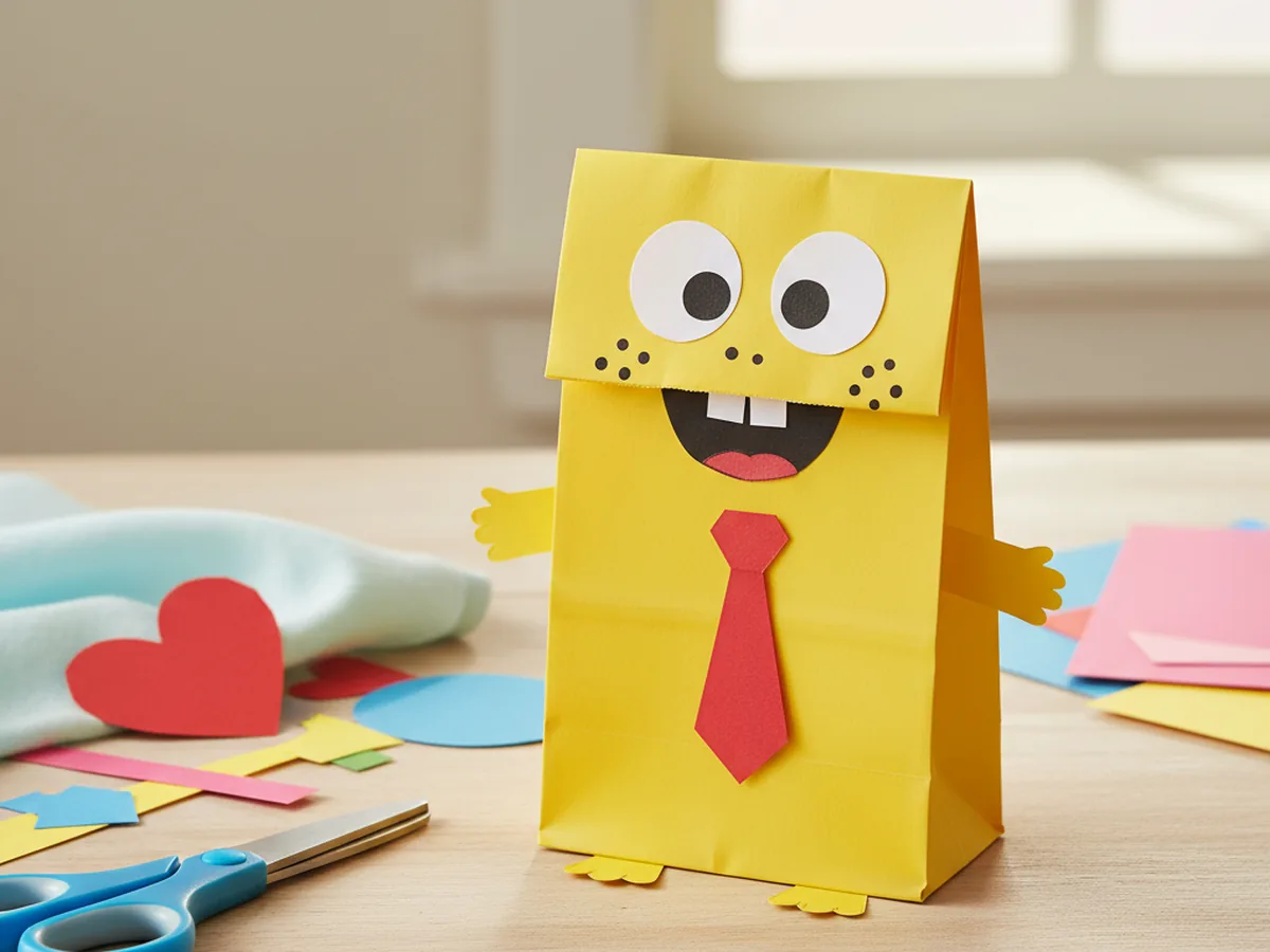 SpongeBob paper bag puppet with yellow square face, big eyes, and tie on a small paper lunch bag