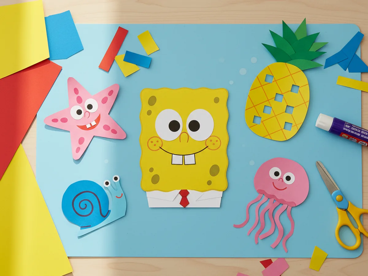 A cheerful spread of handmade SpongeBob paper crafts including a yellow sponge face, pineapple house, pink starfish, and underwater scene on a craft table