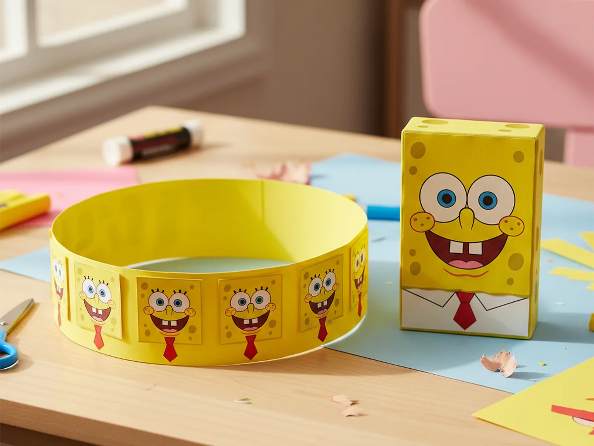 Yellow SpongeBob paper crown with rows of small sponge faces along the top on a craft table