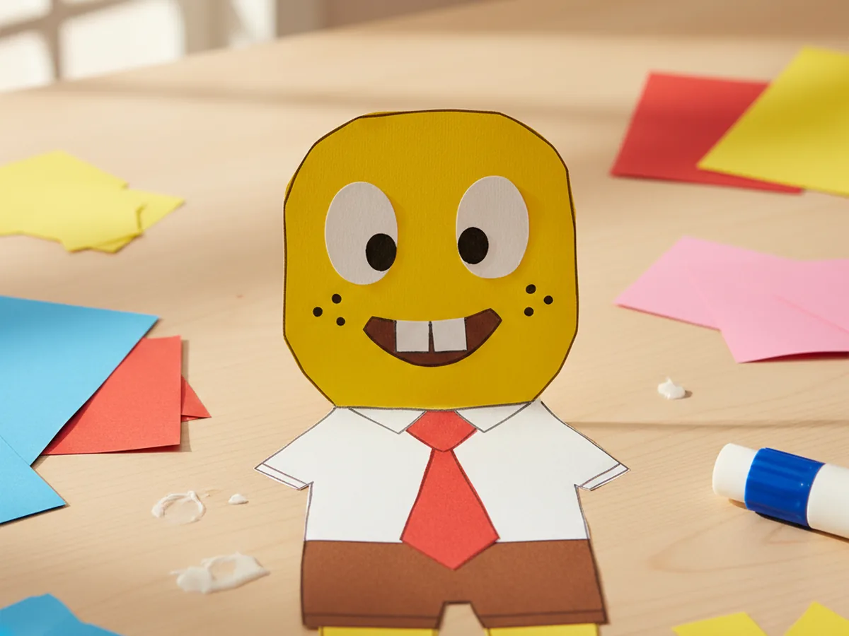 Handmade SpongeBob paper doll with yellow square body, brown pants, white shirt, and red tie on a craft table