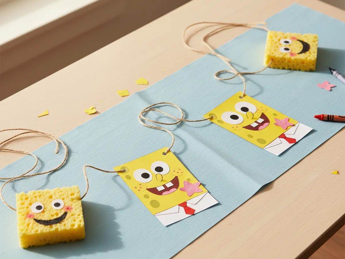 SpongeBob paper garland with alternating yellow sponge faces and pink starfish strung on bakery twine