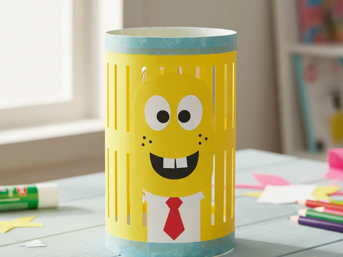 Yellow paper lantern with a SpongeBob face on the front and light blue washi tape borders