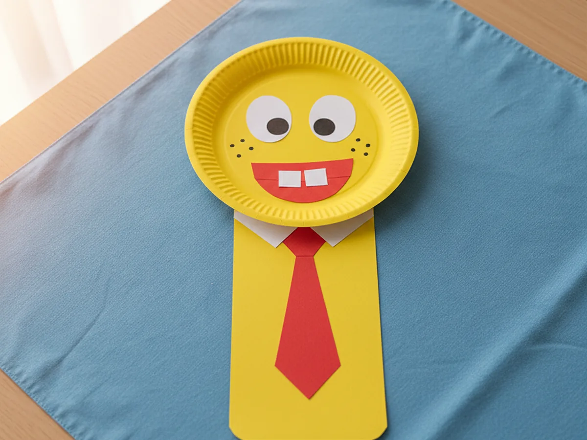 Handmade SpongeBob face on a yellow paper plate with big eyes, a goofy smile, and a red paper tie