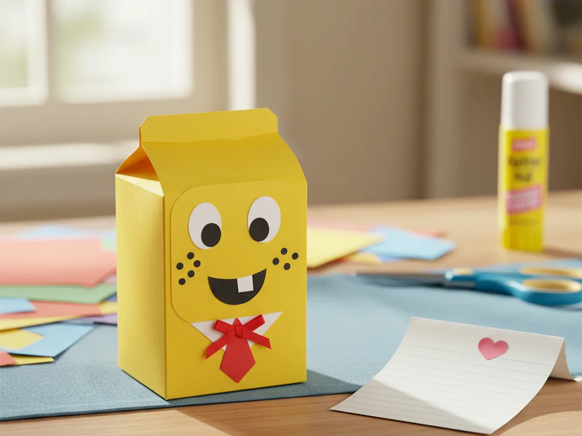 Small handmade yellow SpongeBob treat box made from folded cardstock with a sponge face and red ribbon