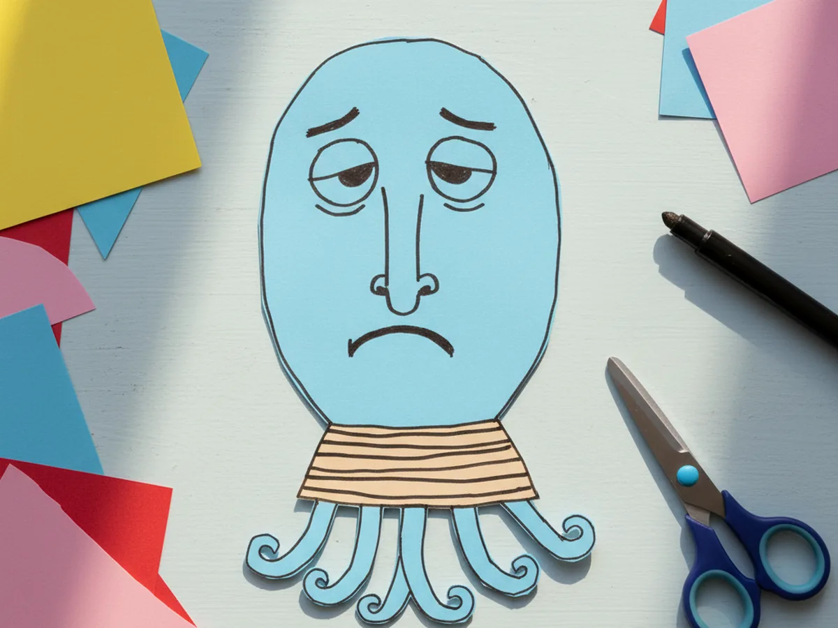 Handmade light blue Squidward paper craft with long nose, droopy grumpy eyes, and a brown striped shirt