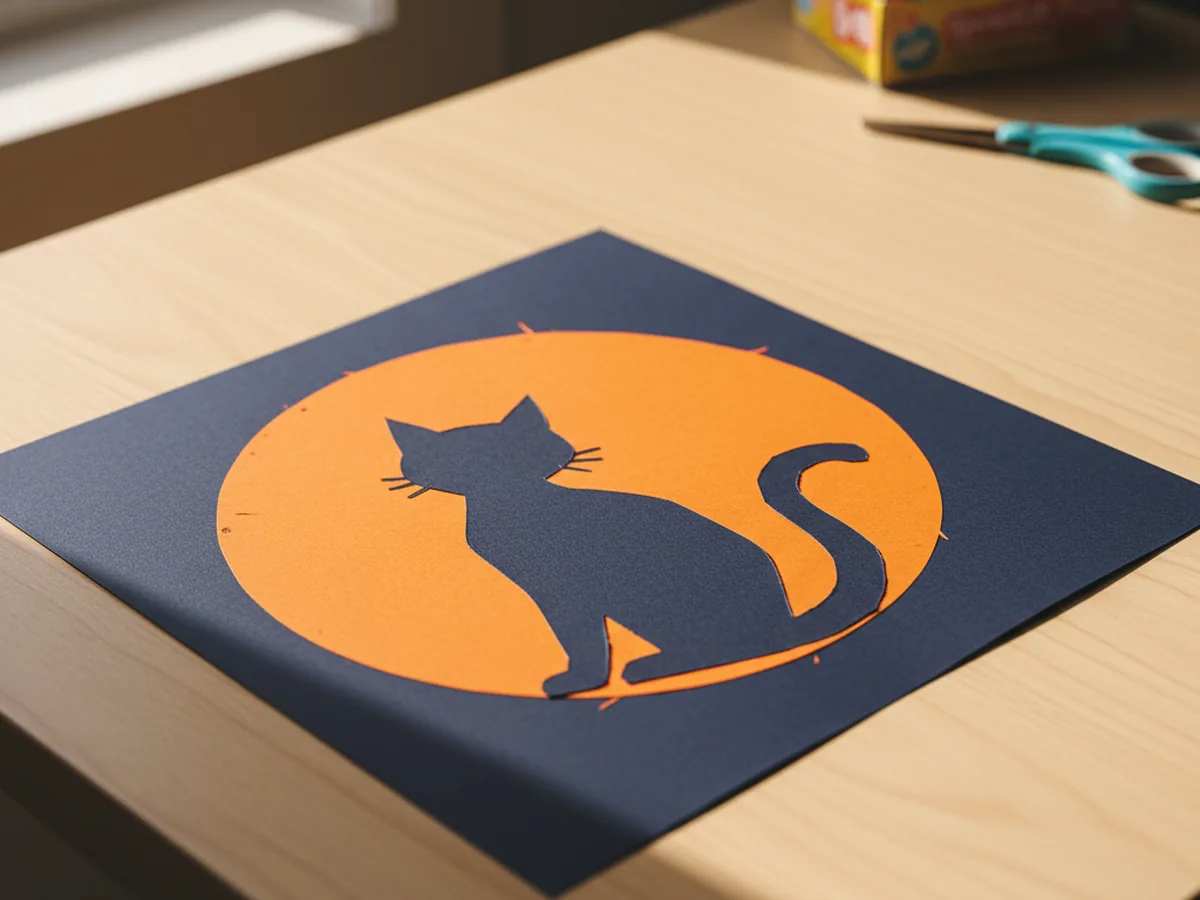 Handmade black paper cat silhouette glued onto a large orange paper moon on a dark background
