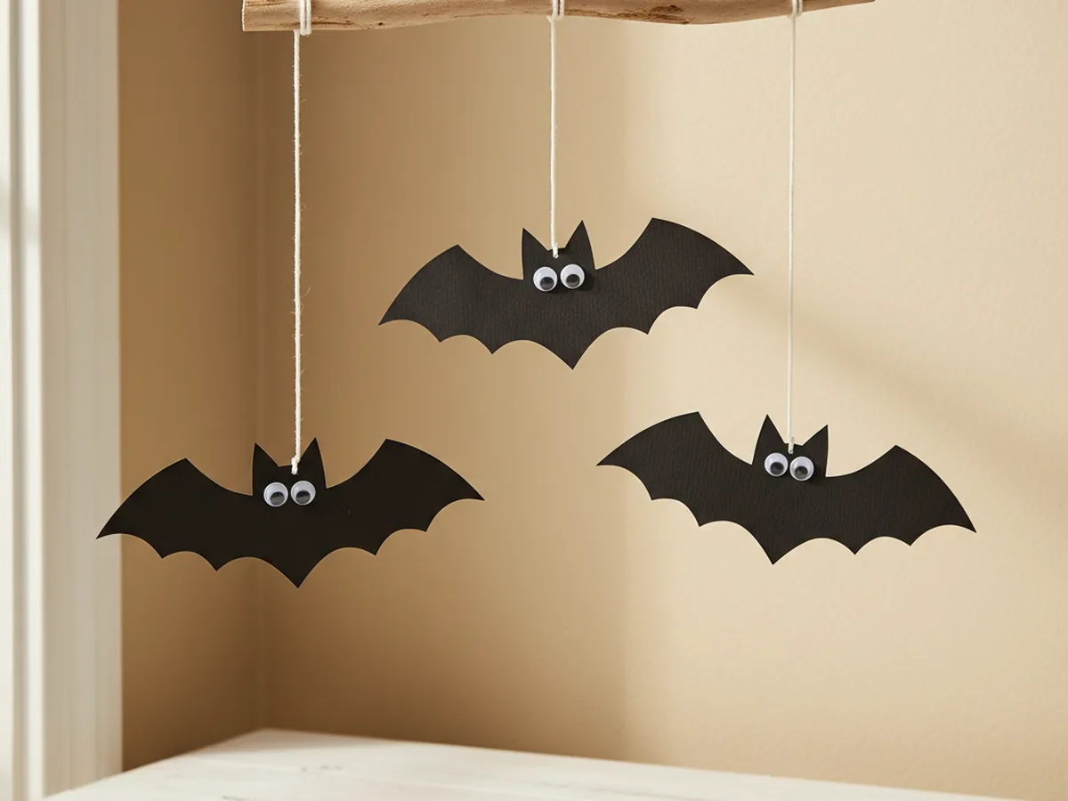 Handmade hanging paper bat mobile with three black paper bats with googly eyes dangling from string