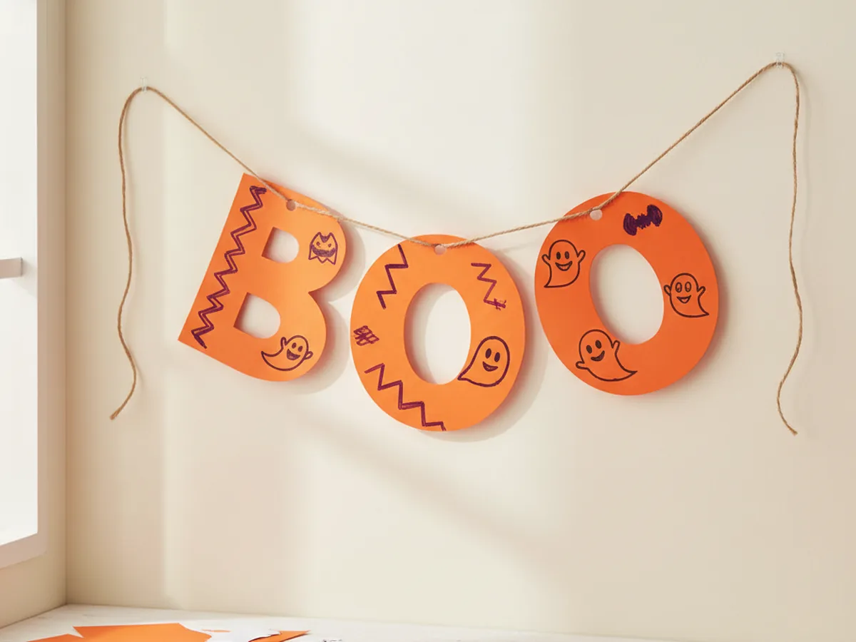 Handmade orange paper Boo banner with bubble letters strung on yarn hanging across a wall