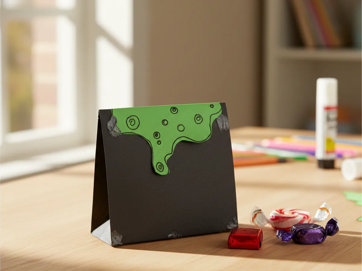 Handmade black paper cauldron treat pouch with a green potion shape and bubble details