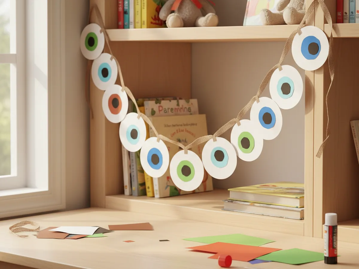 Handmade paper eyeball garland with colorful paper eyes strung along a ribbon hanging on a wall