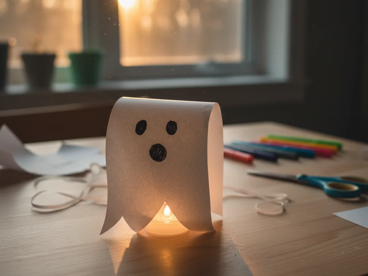 Handmade white paper ghost lantern with a friendly face glowing softly from a tea light inside