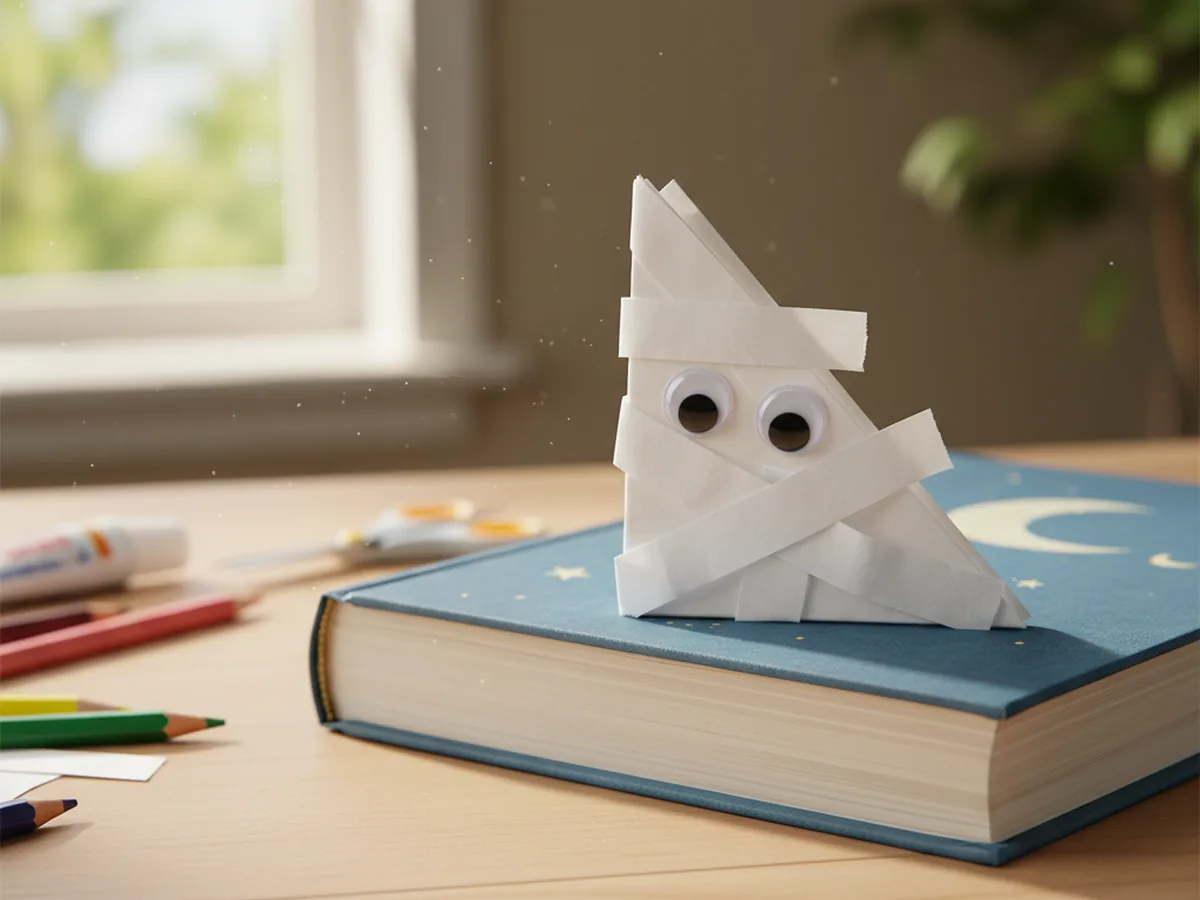 Handmade white paper mummy corner bookmark with bandage strips and googly eyes on a book