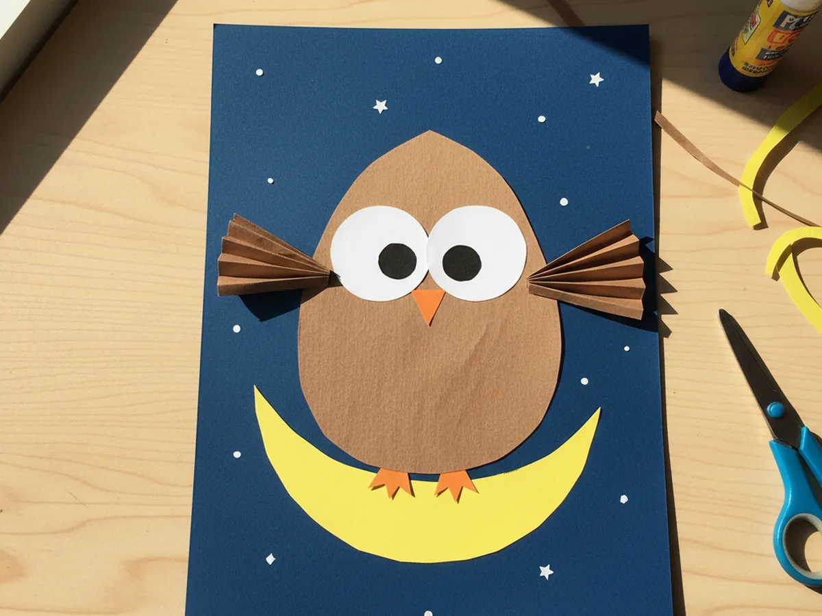 Handmade paper owl with big white eyes perched on a yellow paper moon against a dark blue background