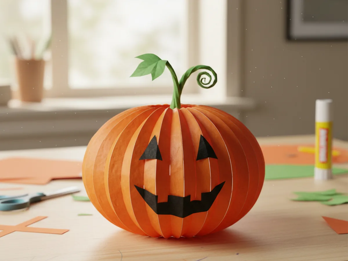 Handmade 3D orange paper pumpkin lantern with a green stem and a friendly jack-o-lantern face