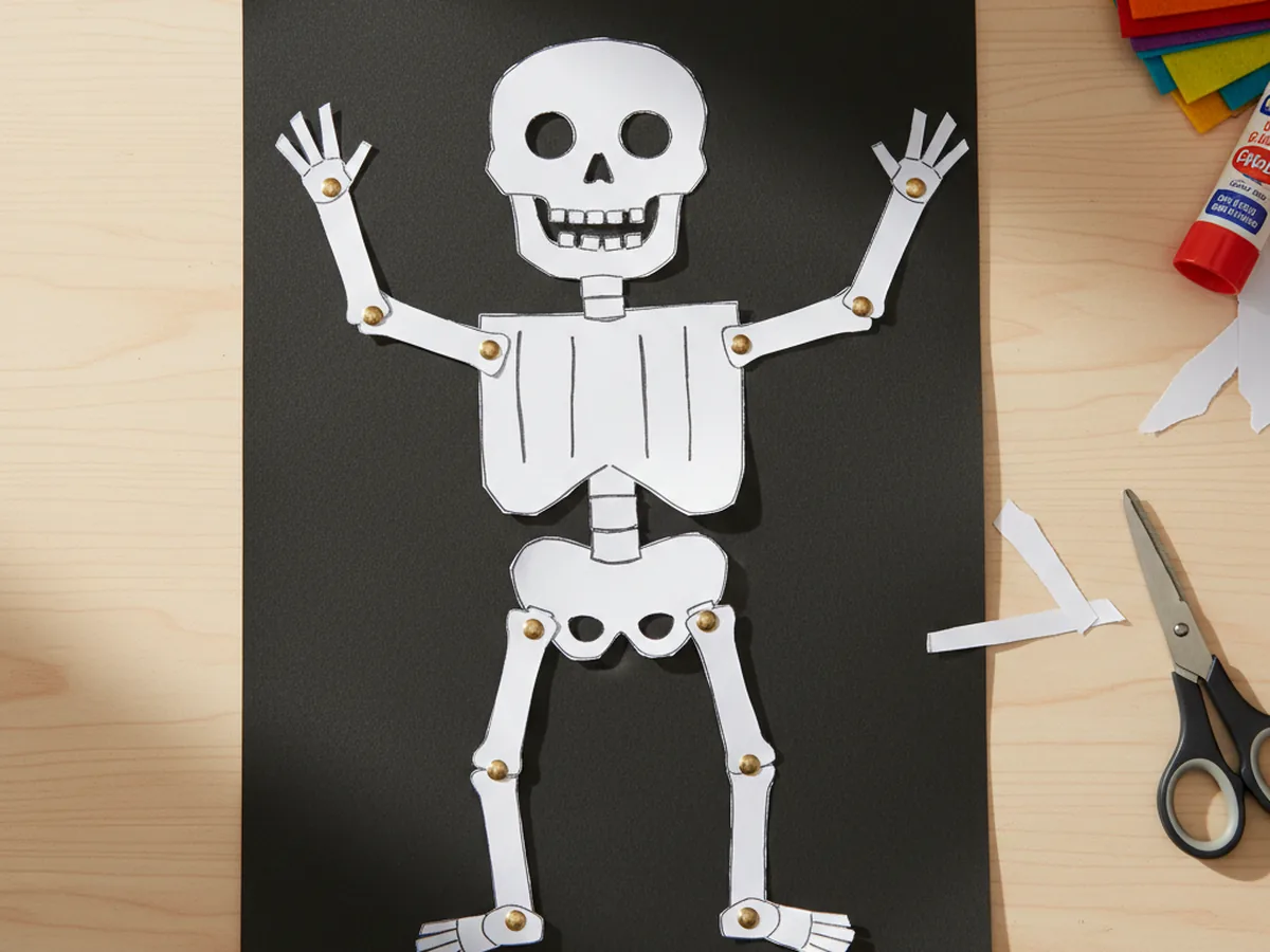 Handmade paper skeleton with white bone shapes and a skull arranged on black construction paper