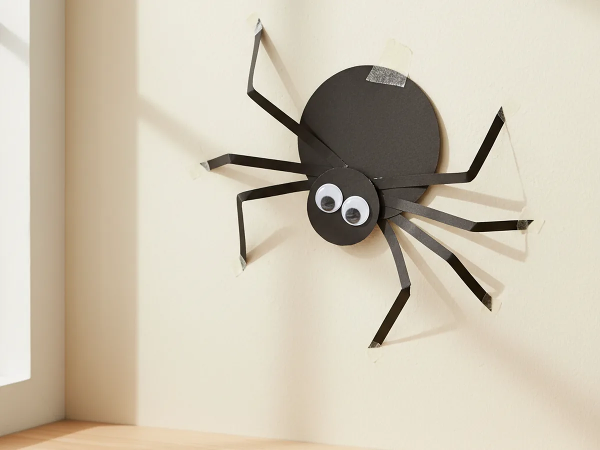 Handmade paper spider with eight bent strip legs and googly eyes crawling on a wall