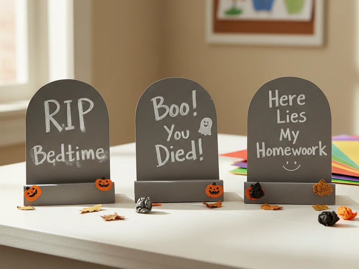 Handmade grey paper tombstone standees with silly white marker messages lined up on a shelf