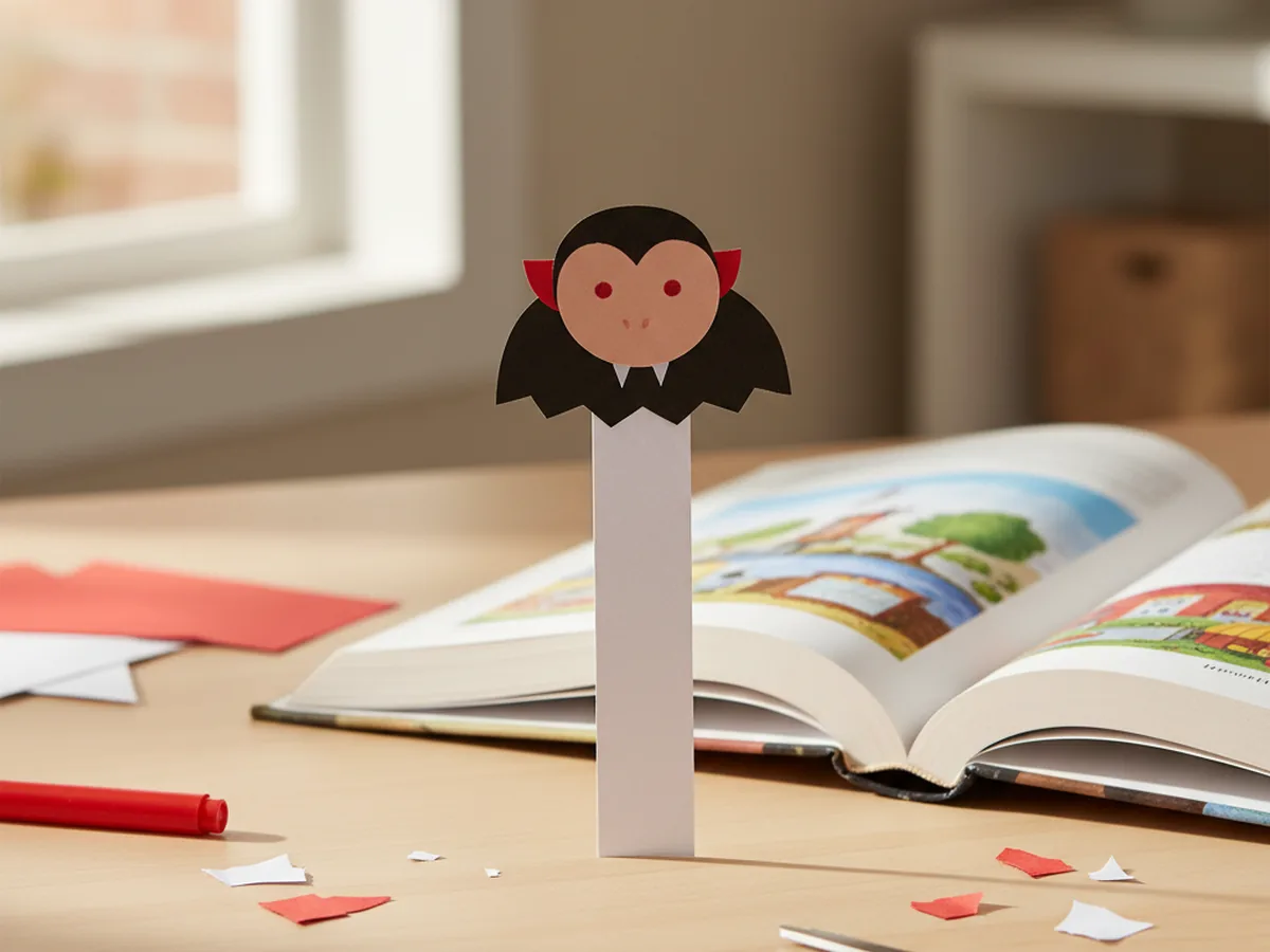 Handmade paper vampire bookmark with black cape and tiny white fangs sticking out of a book
