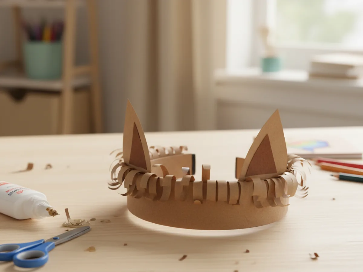 Handmade brown paper werewolf headband with pointy ears and paper fringe on a craft table