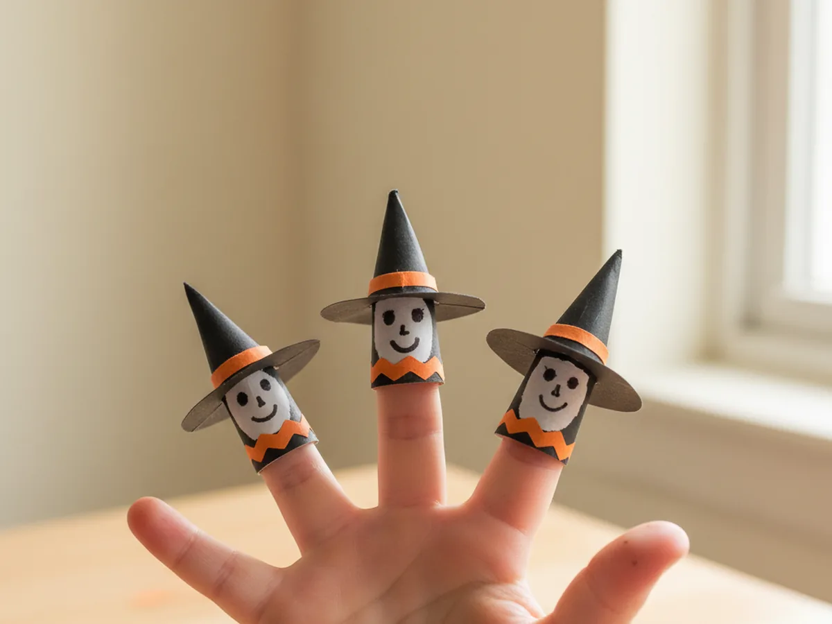 Handmade tiny black paper witch finger puppets with marker faces lined up on a child's hand