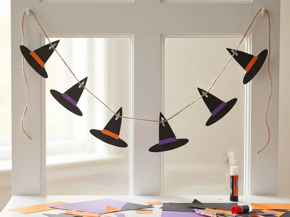 Handmade mini black paper witch hat garland strung on a ribbon hanging across a doorway