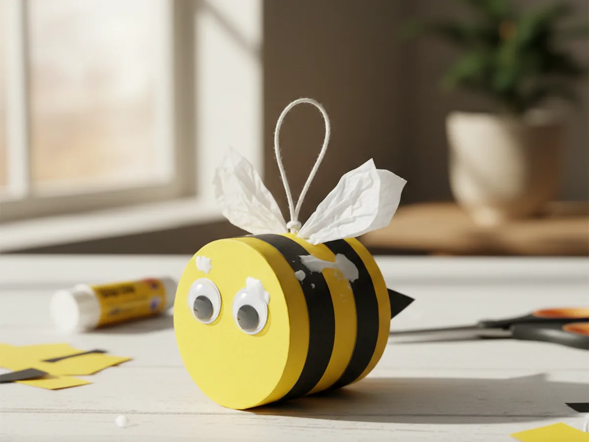 Handmade paper bee craft with yellow body, black stripes, and white tissue paper wings on a craft table