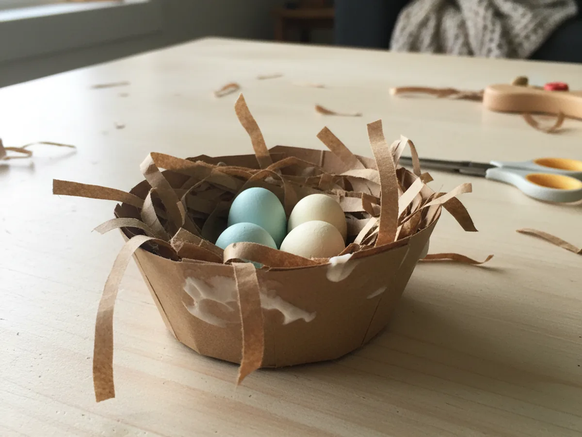 Handmade paper bird nest craft with torn brown paper strips and pastel paper eggs inside