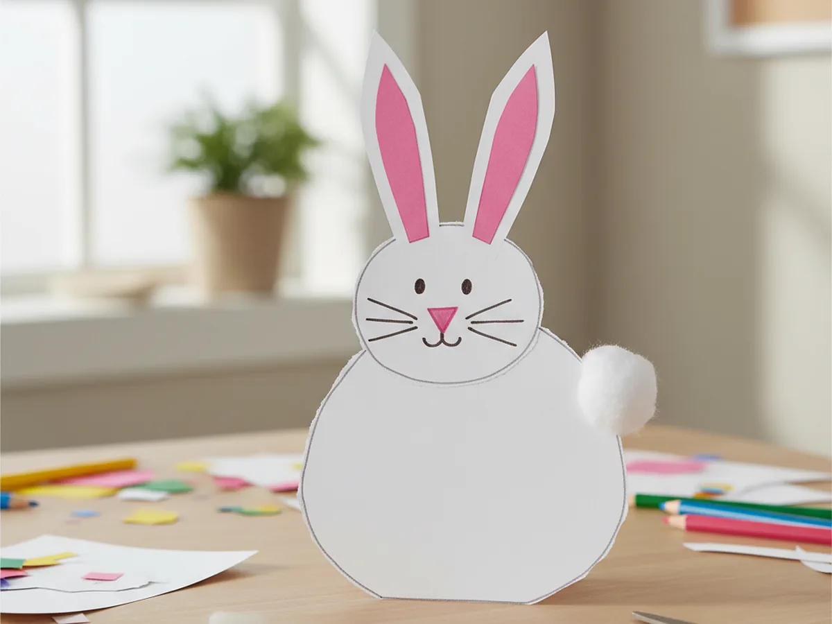 Handmade white paper bunny craft with tall ears, pink nose, and cotton ball tail on a craft table