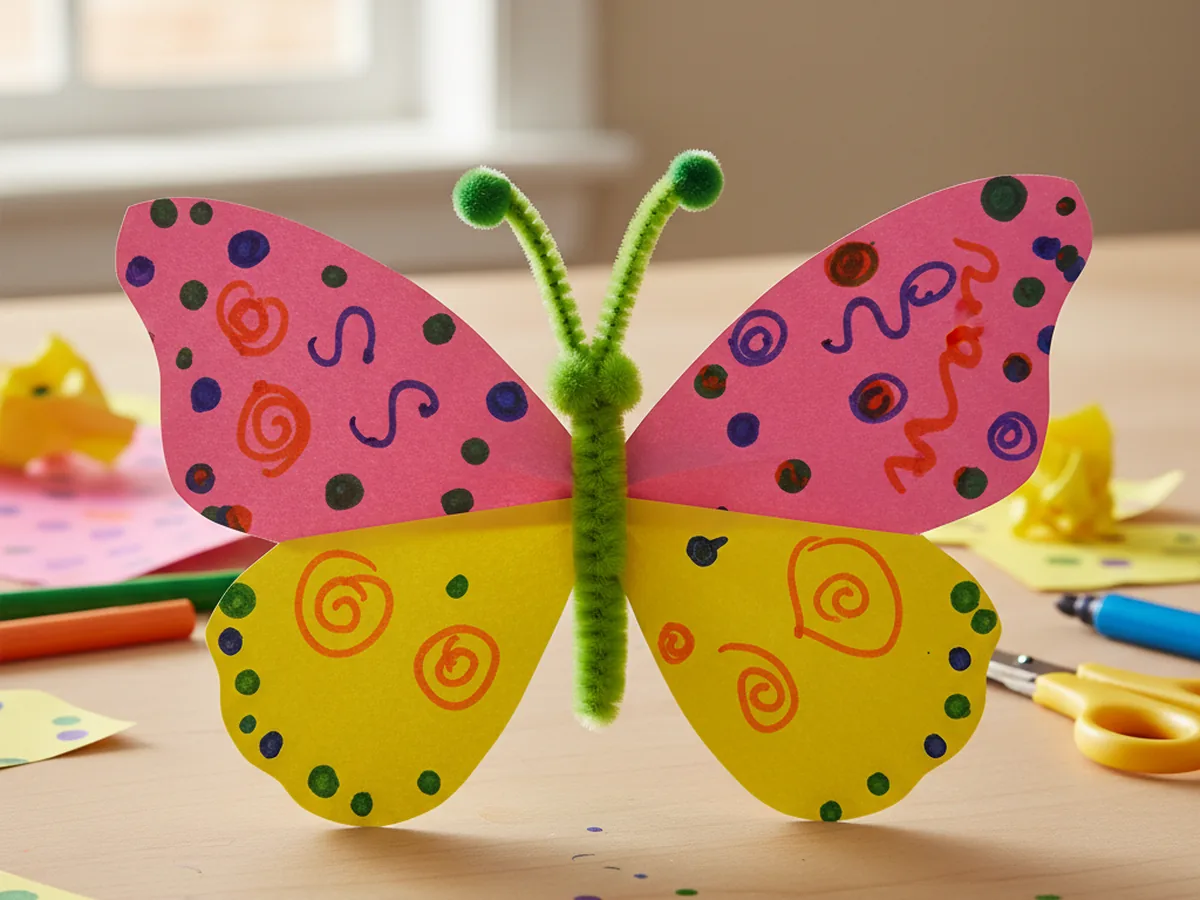 Handmade paper butterfly craft with colorful decorated wings and pipe cleaner antennae on a craft table
