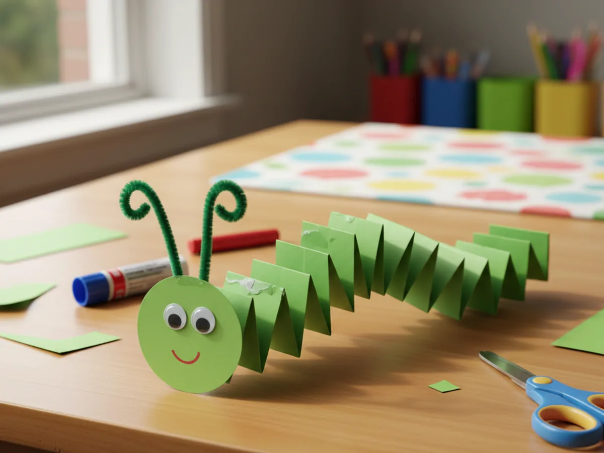Handmade paper caterpillar craft with green accordion-folded body, round head, and pipe cleaner antennae