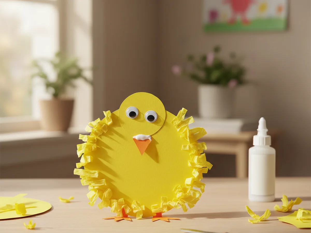 Handmade yellow paper Easter chick craft with orange beak and googly eyes on a craft table