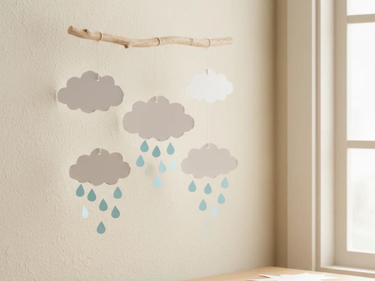 Handmade paper cloud mobile with white cloud shapes and blue raindrop cutouts hanging on strings from a twig