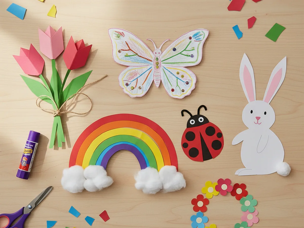 A colorful spread of handmade spring paper crafts on a craft table including butterflies, flowers, and rainbows