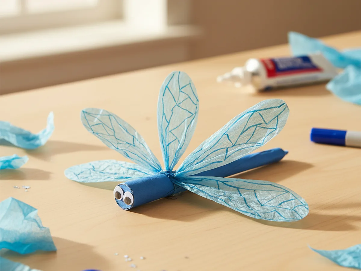 Handmade paper dragonfly craft with blue rolled body, four tissue paper wings, and googly eyes