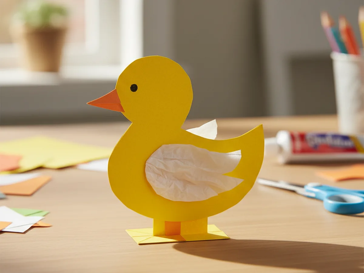 Handmade yellow paper duck craft with orange beak standing upright on a white craft table