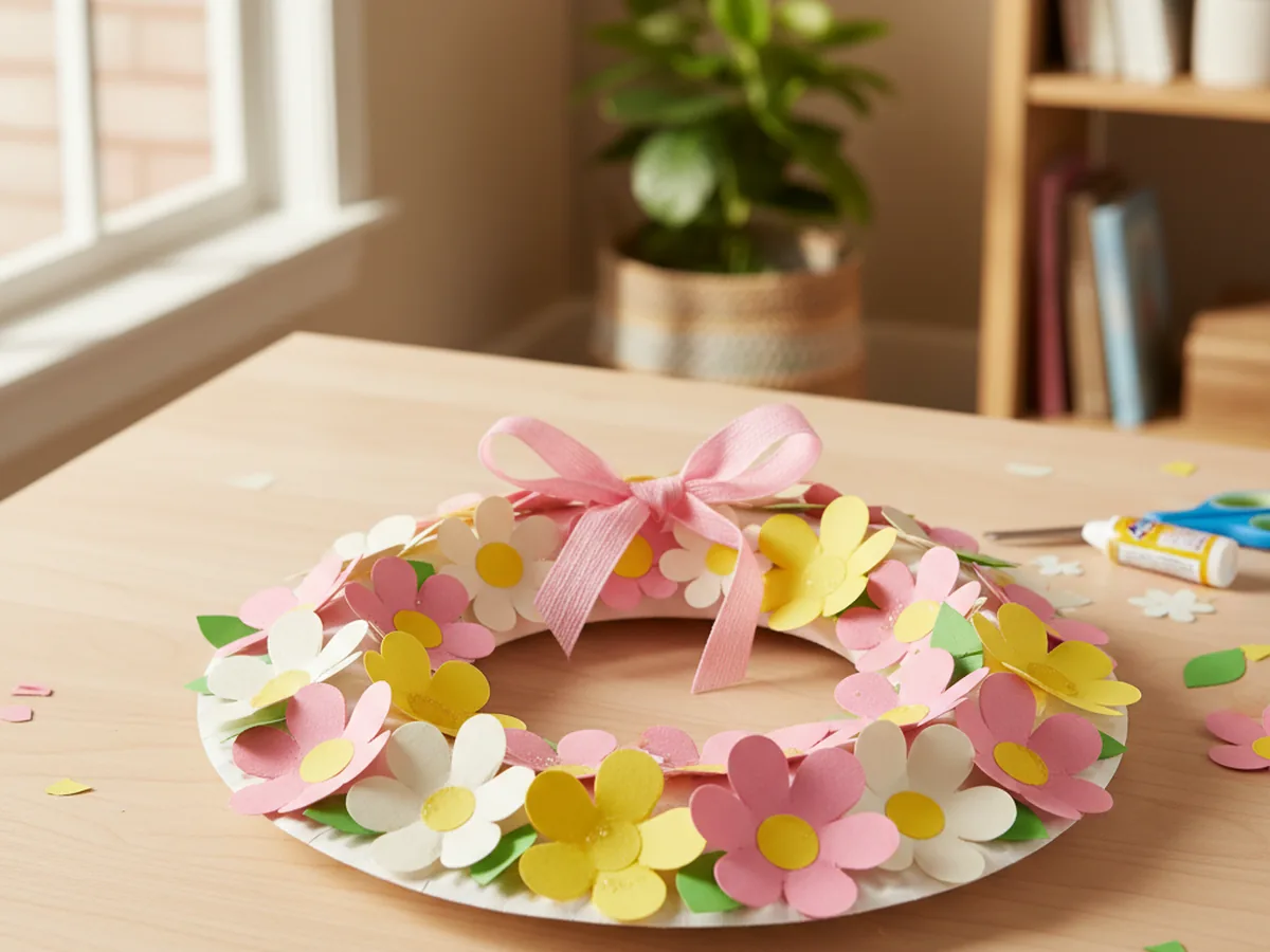 Handmade paper flower wreath made from a paper plate ring covered in pink, yellow, and white paper petals