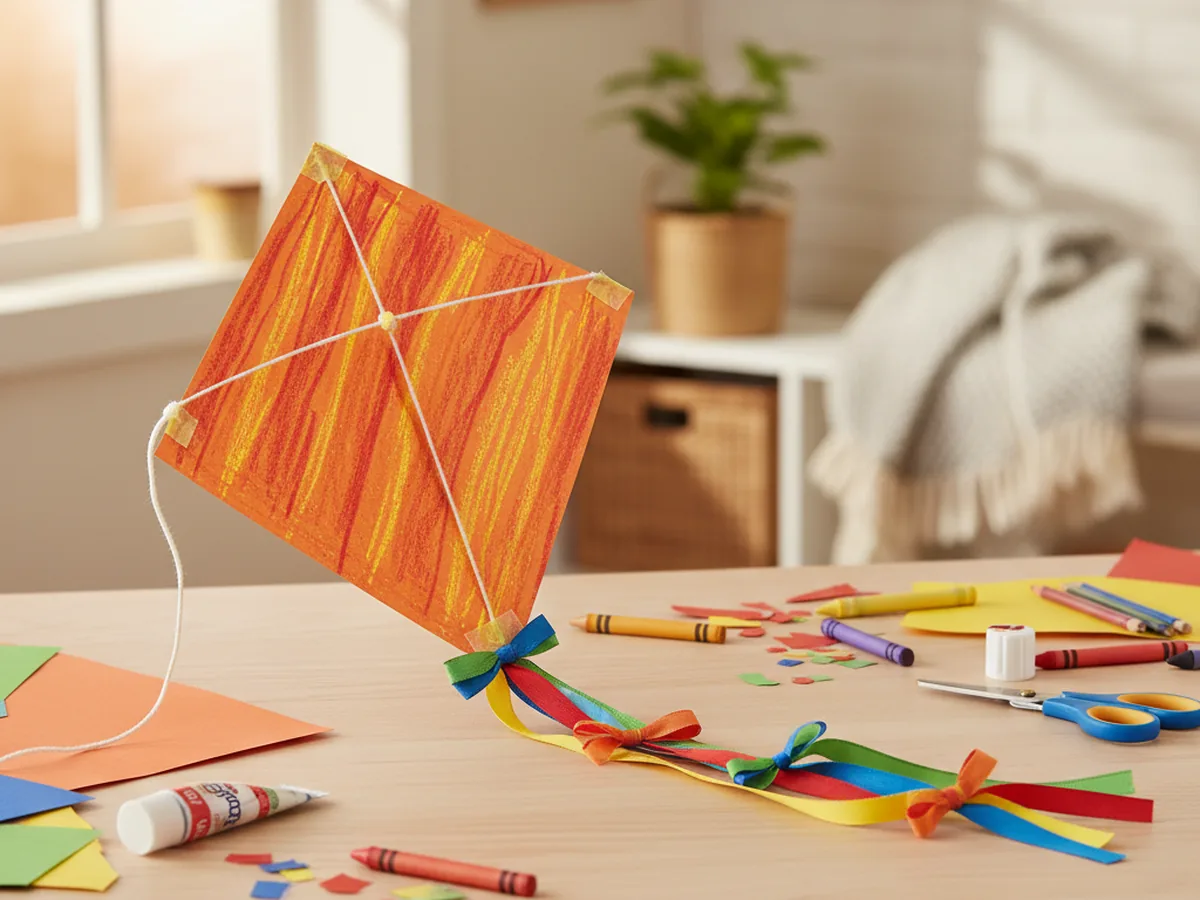 Handmade paper kite craft made from bright diamond-shaped cardstock with colorful ribbon tail on a table