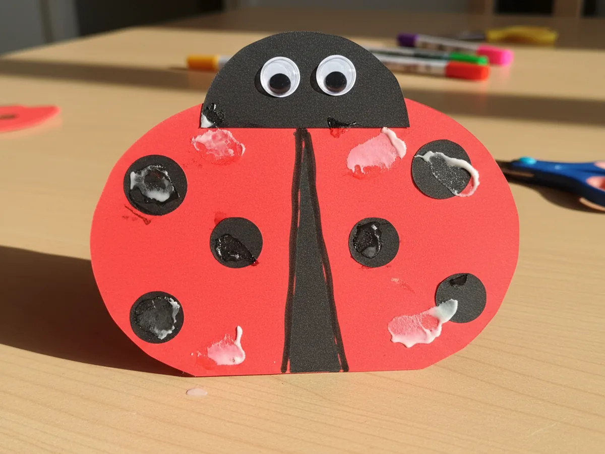 Handmade paper ladybug craft with red wings, black spots, and googly eyes on a white craft table