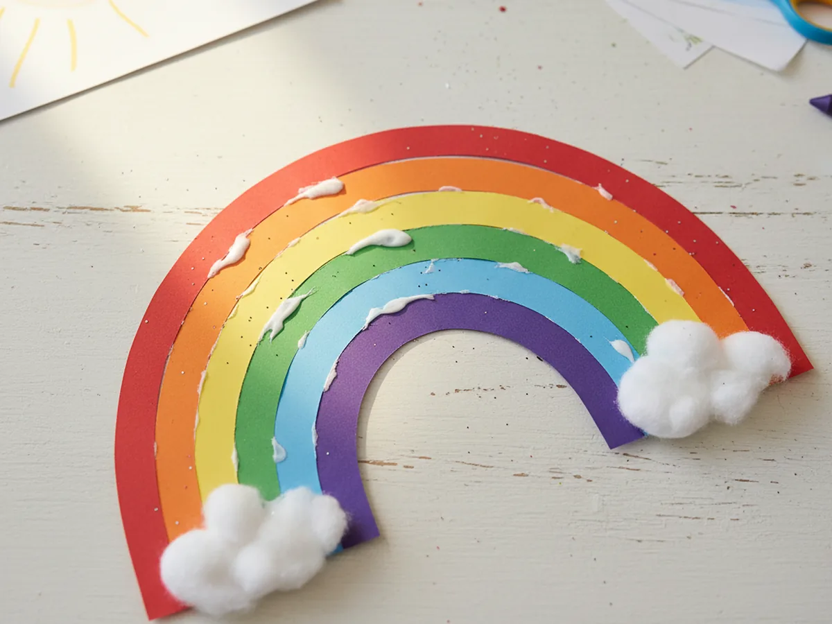 Colorful handmade paper rainbow craft with construction paper strips and cotton ball clouds on a craft table