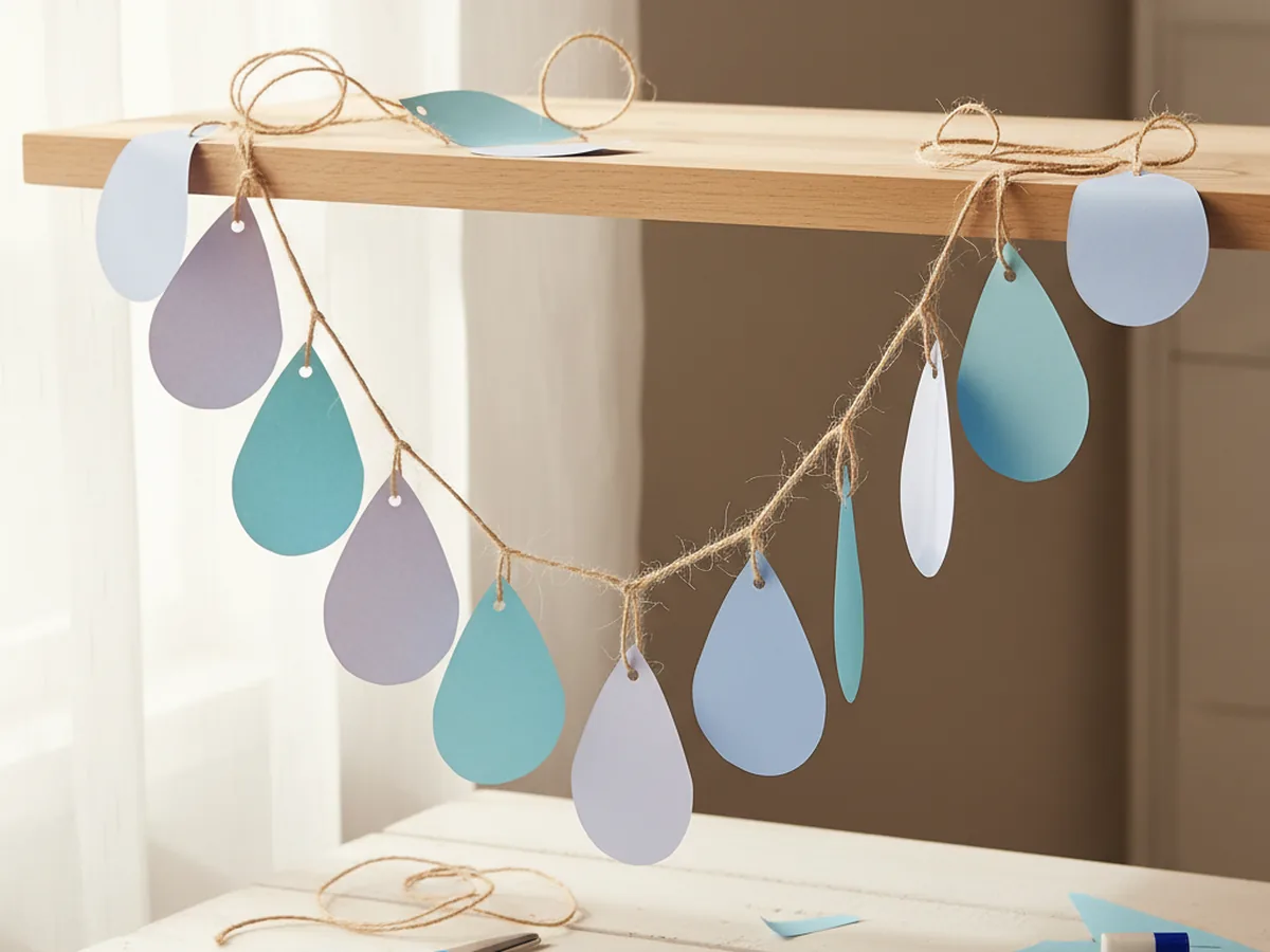 Handmade paper raindrop garland with blue teardrop shapes threaded on twine as a spring decoration