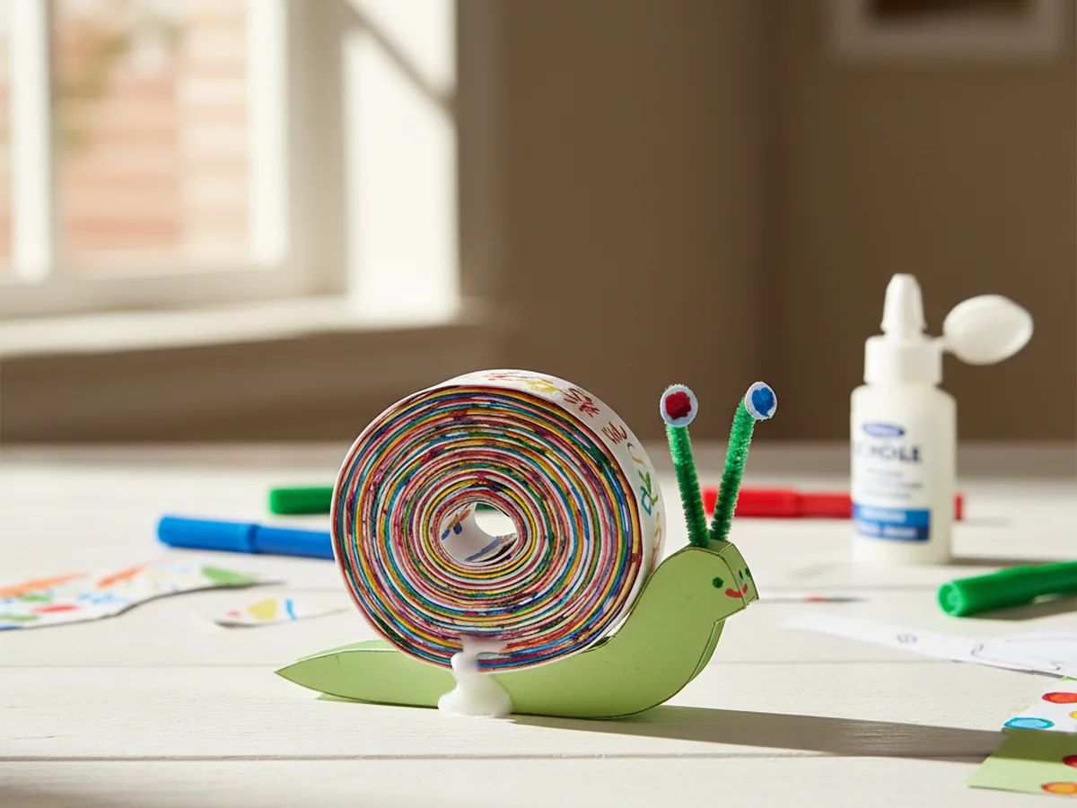 Handmade paper snail craft with tightly rolled spiral shell and pipe cleaner antennae on a craft table
