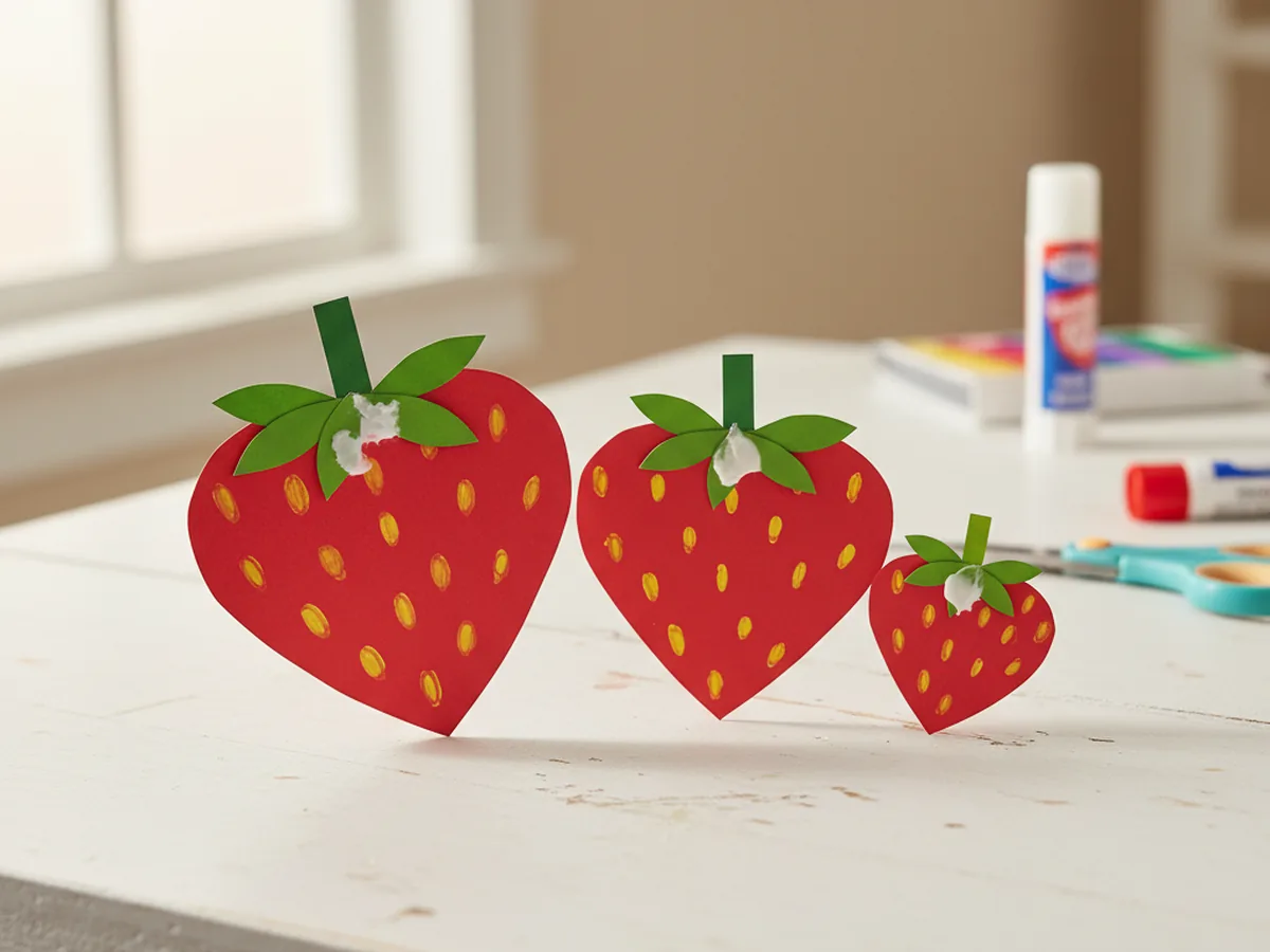 Handmade paper strawberry craft made from a red heart shape with yellow seed dots and green leaf top