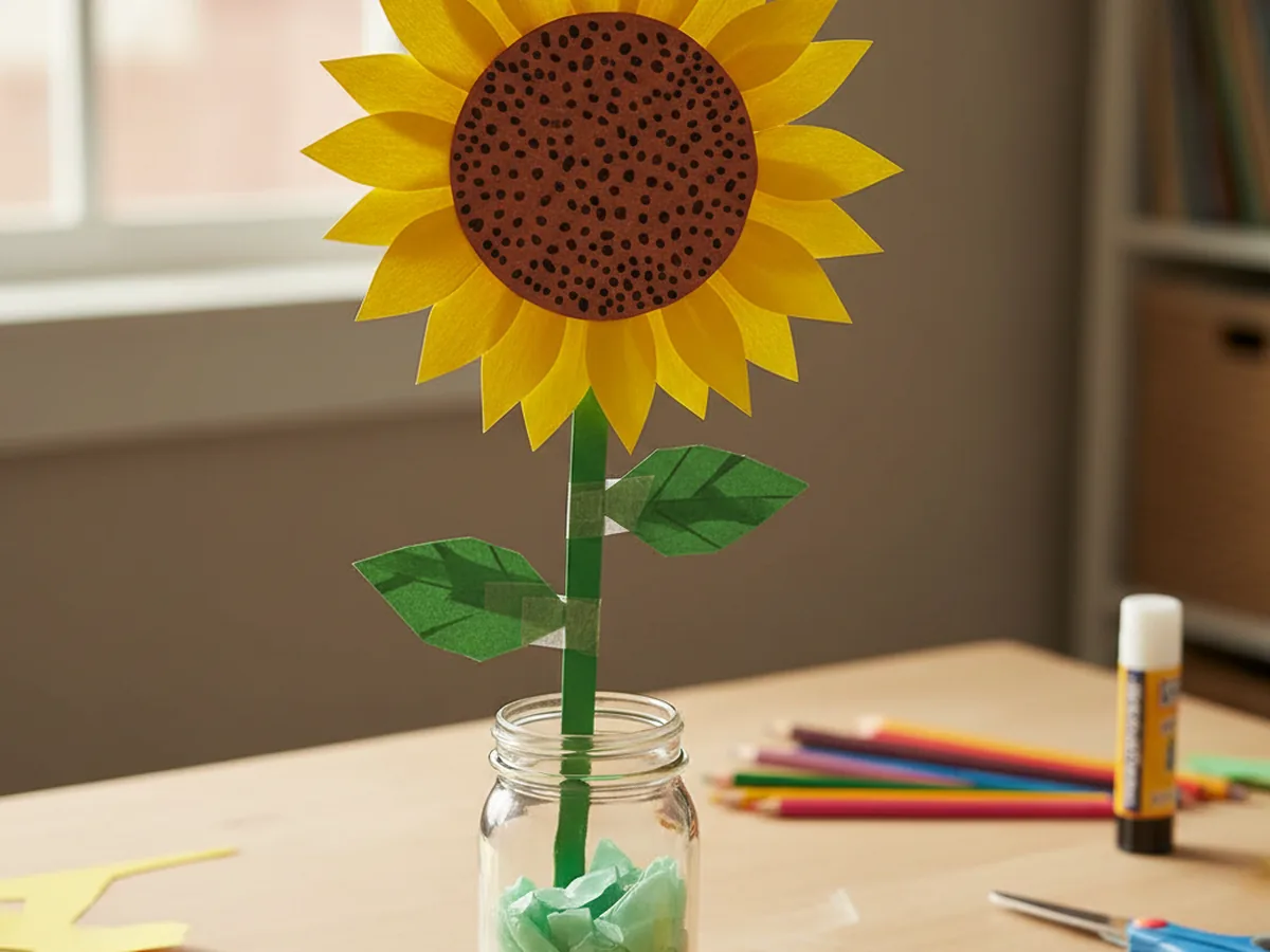 Handmade paper sunflower craft with bright yellow petals, brown center, and green stem on a craft table