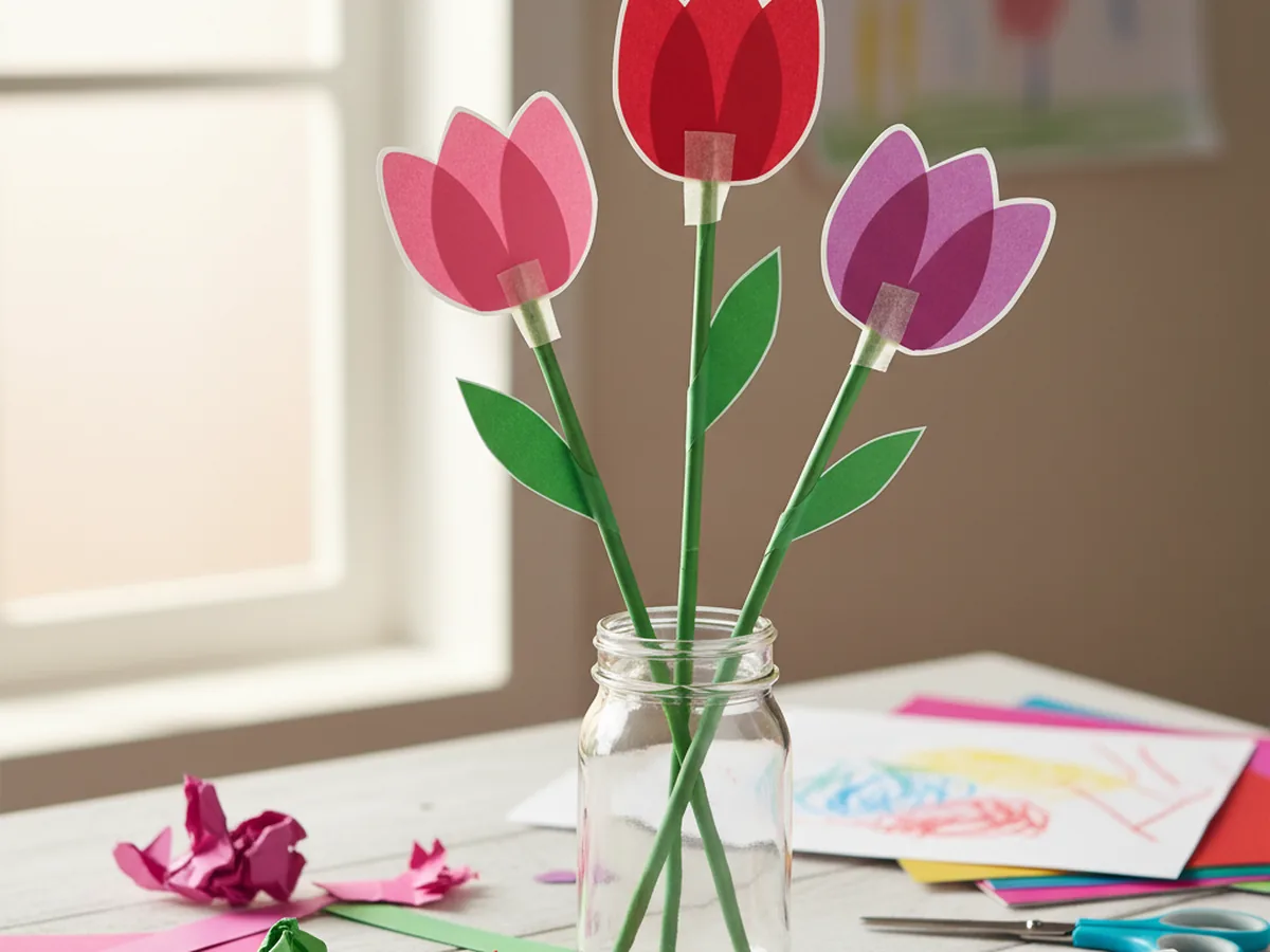 Handmade paper tulips made from pink and red construction paper with green stems on a white craft table