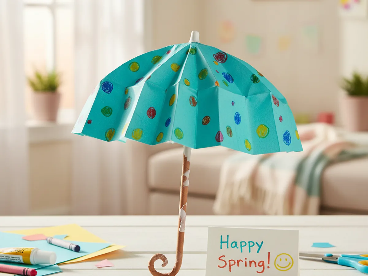 Handmade paper umbrella craft with colorful polka dot dome and paper straw handle on a craft table