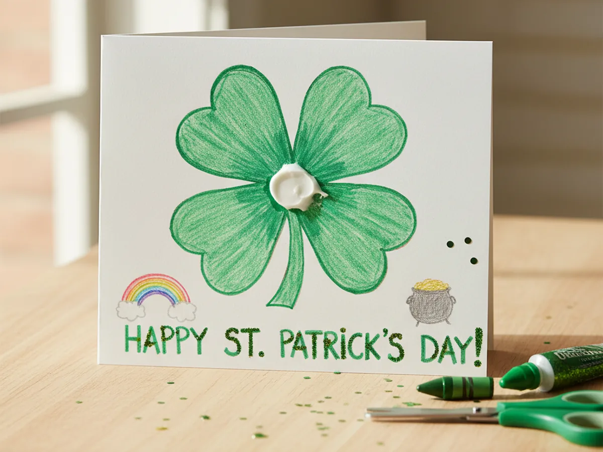 A handmade St Patrick's Day card with a shamrock built from four green paper handprints arranged with wrists meeting in the center
