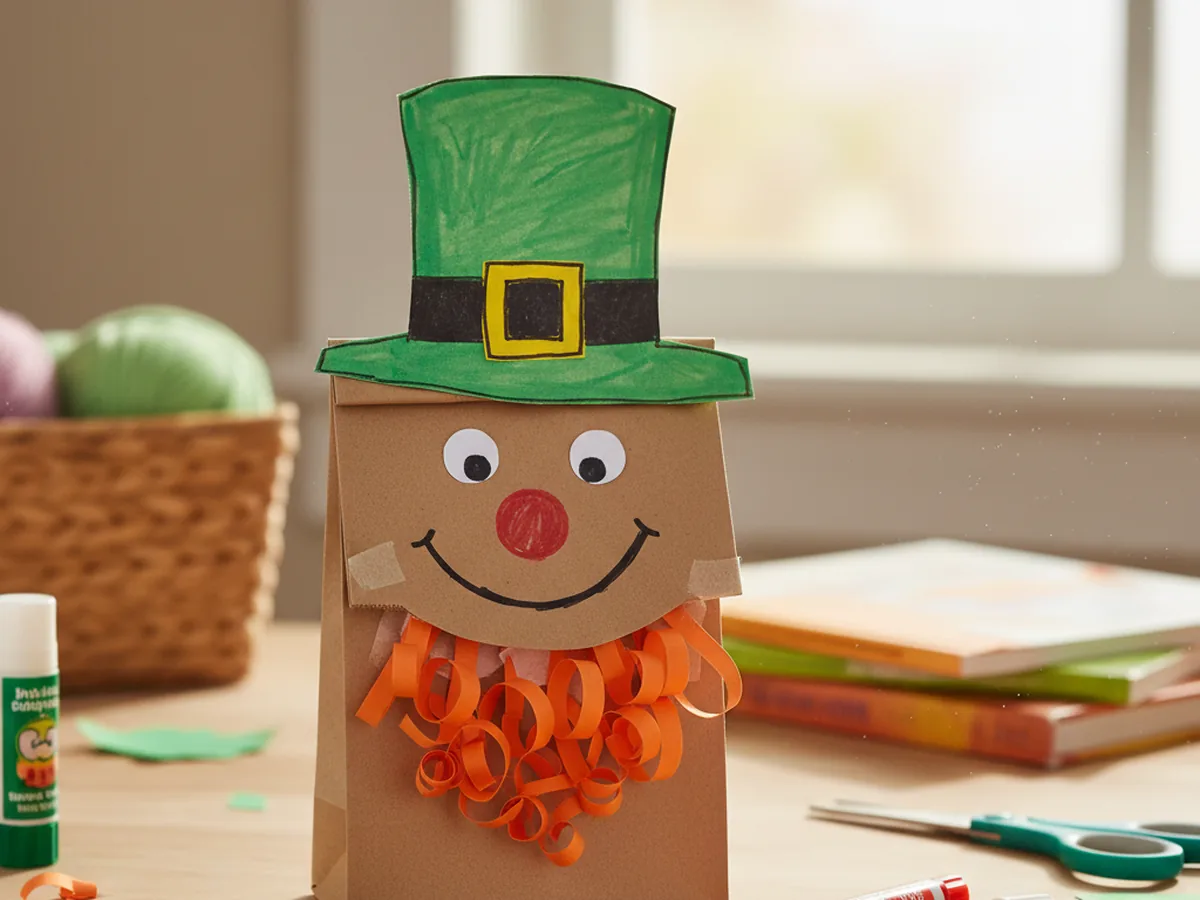 A handmade leprechaun paper bag puppet with a green hat, orange paper beard, and friendly drawn-on face