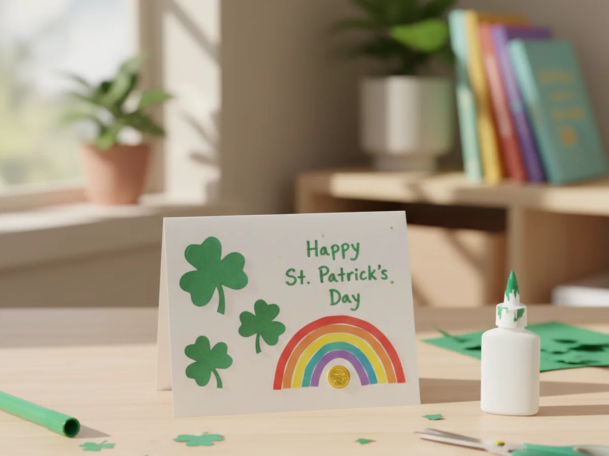 A handmade St Patrick's Day greeting card with paper shamrocks, a small rainbow, and a handwritten Happy St Patrick's Day message