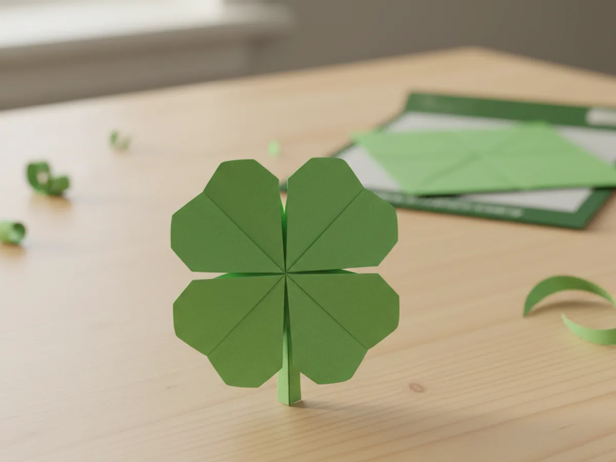 A handmade origami shamrock folded from green paper with four heart-shaped petals meeting in the center on a wooden craft table