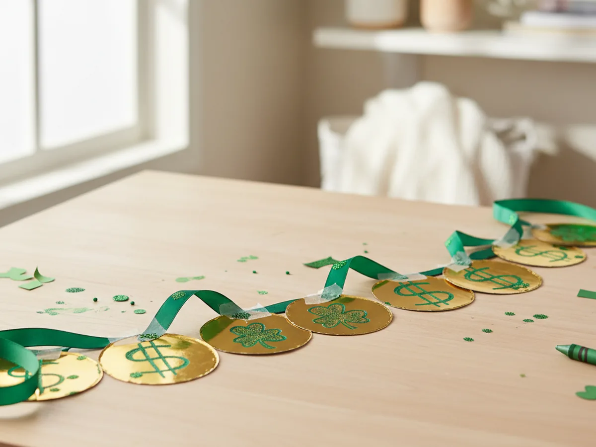 A handmade gold paper coin garland strung on green ribbon with shamrock and dollar sign drawings on each coin